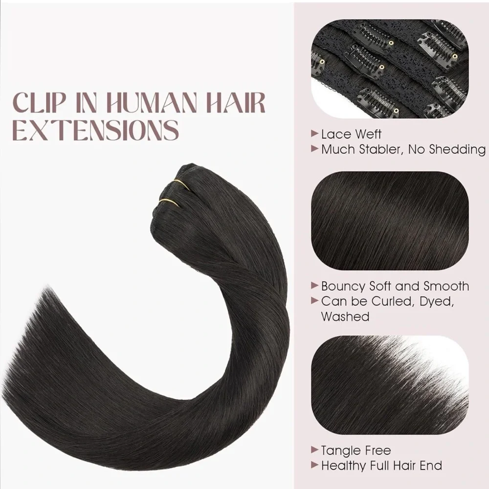 16” Nat‎ Black Clip in Human Hair Extensions Lace Weft Full Head 7pc 110g KL7